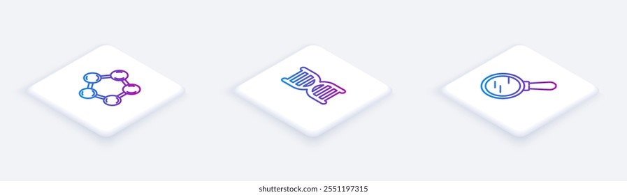 Set Isometric line Molecule, DNA symbol and Magnifying glass. White square button. Vector