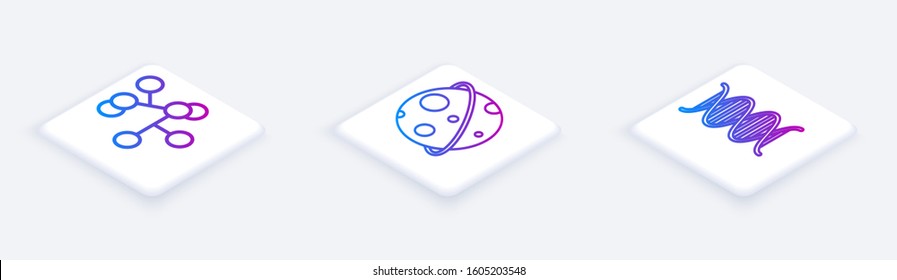 Set Isometric line Molecule, Planet and DNA symbol. White square button. Vector