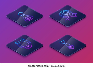 Set Isometric line Money bag with four leaf clover, Horseshoe with four leaf clover, Medal with four leaf clover and Tie with four leaf clover. Blue square button. Vector