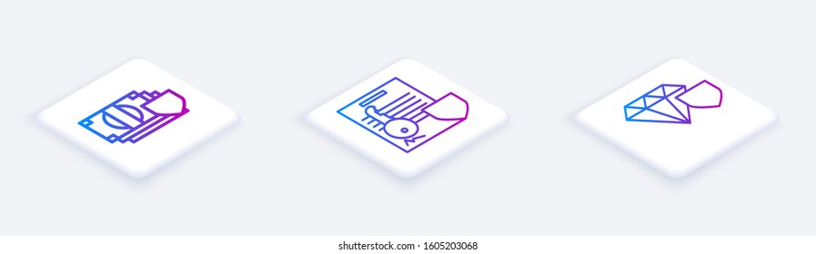 Set Isometric line Money with shield, Document with key with shield and Diamond with shield. White square button. Vector