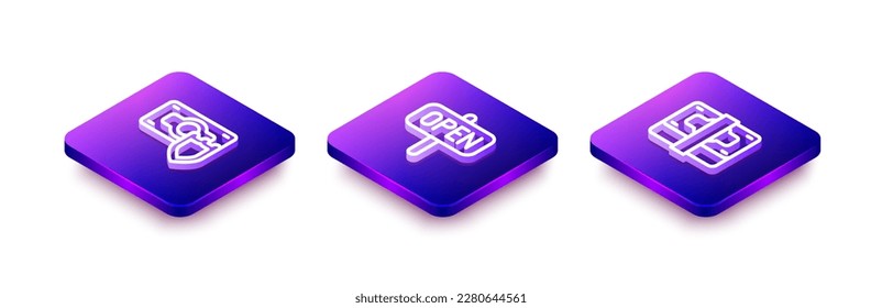 Establecer línea isométrica Dinero con escudo, Texto de signo colgante Abrir y Pila dinero de papel icono de caja. Vector