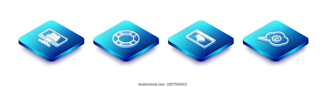 Set Isometric line Monitor with FAQ information, Lifebuoy, No Internet connection and Speech bubble angry smile icon. Vector