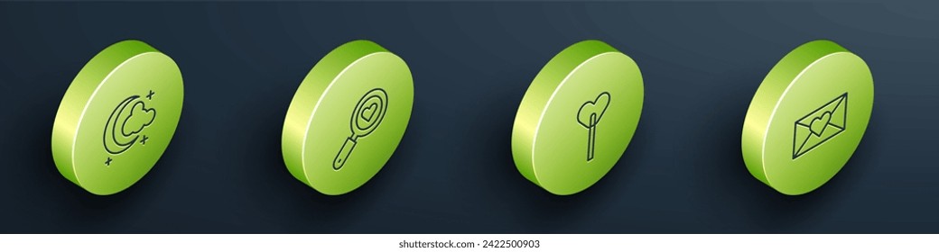 Set Isometric line Moon and stars, Search heart love, Lollipop and Envelope with Valentine icon. Vector