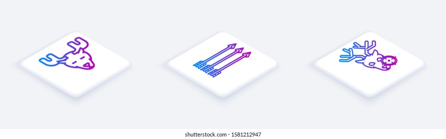 Set Isometric line Moose head with horns, Hipster arrows and Hunt on deer with crosshairs. White square button. Vector