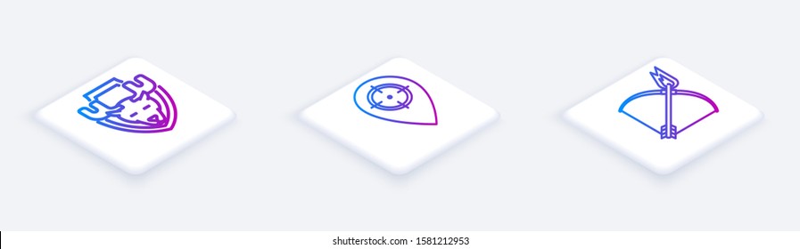 Set Isometric line Moose head on shield, Hunt place and Bow and fire arrow. White square button. Vector