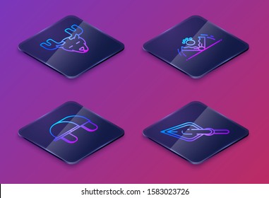 Set Isometric line Moose head with horns, Hunter hat, Trap hunting and Hipster arrow tip. Blue square button. Vector