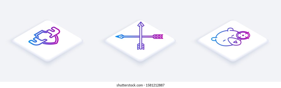 Set Isometric line Moose horns on shield, Crossed arrows and Hunt on bear with crosshairs. White square button. Vector
