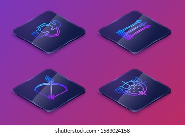 Set Isometric line Moose horns on shield, Bow and fire arrow, Hipster arrows and Hunt on moose with crosshairs. Blue square button. Vector