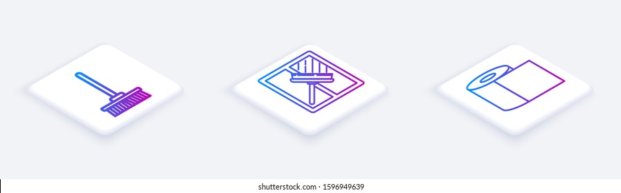 Set Isometric line Mop , Squeegee, scraper, wiper and Toilet paper roll . White square button. Vector