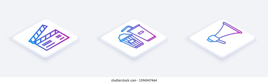 Set Isometric line Movie clapper , Popcorn and soda drink glass and Megaphone . White square button. Vector
