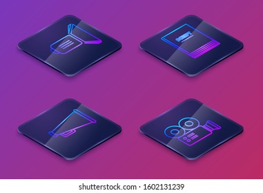 Set Isometric line Movie spotlight , Megaphone , Scenario  and Cinema camera . Blue square button. Vector