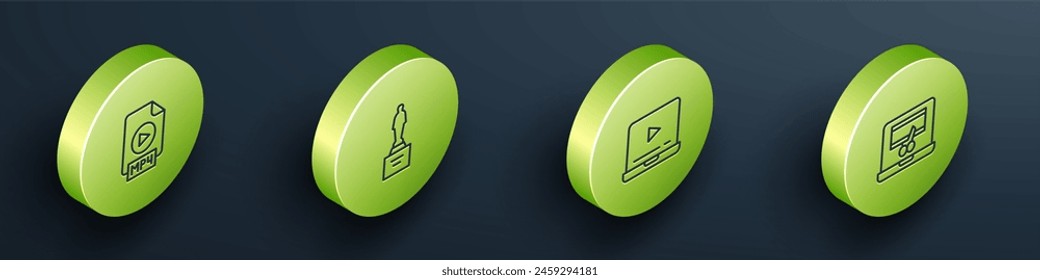 Set Isometric line MP4 file document, Movie trophy, Online play video and Video recorder on laptop icon. Vector