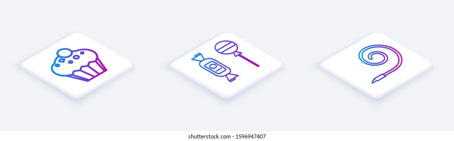 Set Isometric line Muffin , Lollipop  and Birthday party horn . White square button. Vector
