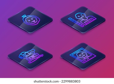 Set Isometric line Murder, Car theft, Suspect criminal and Wanted poster. Blue square button. Vector