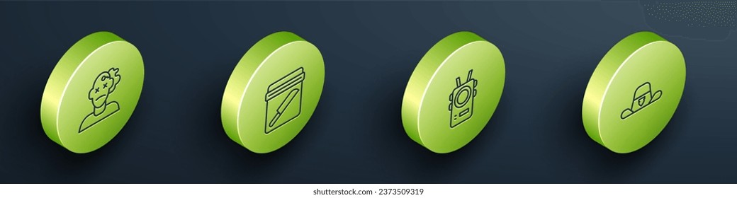 Set Isometric line Murder, Evidence bag with knife, Police body camera and Sheriff hat badge icon. Vector