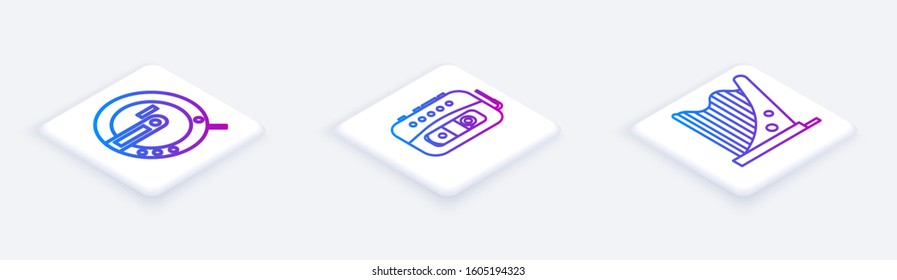 Set Isometric line Music CD player, Music tape player and Harp. White square button. Vector