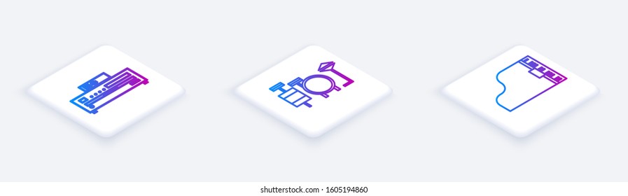 Set Isometric line Music CD player, Drums and Grand piano. White square button. Vector