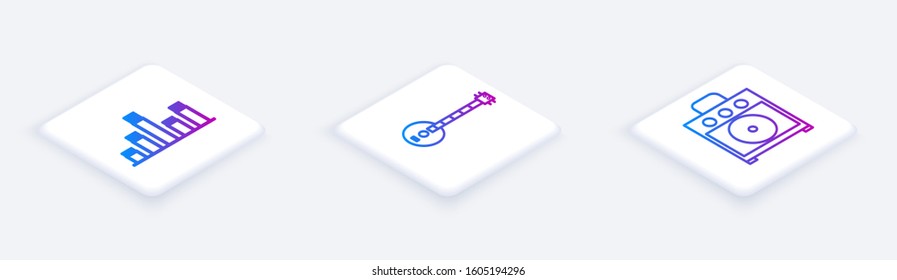 Set Isometric line Music equalizer, Banjo and Guitar amplifier. White square button. Vector