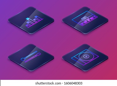 Set Isometric line Music equalizer, Drum sticks, Piano and CD or DVD disk. Blue square button. Vector