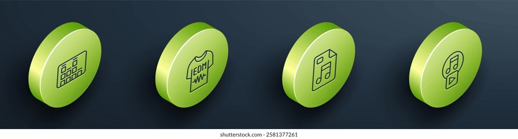Set Isometric line Music equalizer, T-shirt, MP3 file document and Play in square icon. Vector
