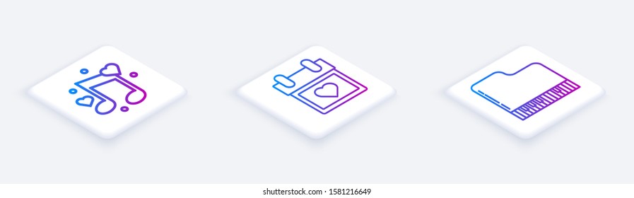 Set Isometric line Music note, tone with hearts, Calendar with heart and Grand piano. White square button. Vector