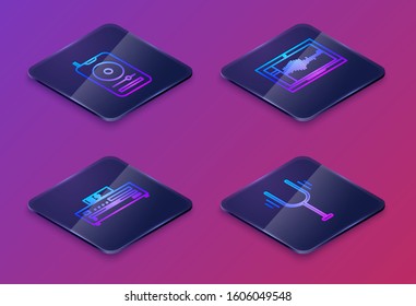 Set Isometric line Music player, Music CD player, Sound or audio recorder on laptop and Musical tuning fork. Blue square button. Vector