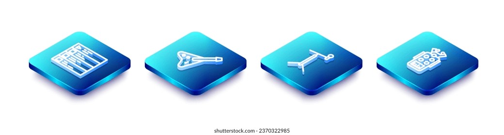 Set Isometric line Music playlist, Electric bass guitar, Microphone with stand and  icon. Vector