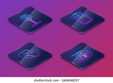 Set Isometric line Music stand, Guitar pick, Guitar pedal and Music tape player. Blue square button. Vector