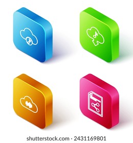 Establece el servicio de streaming de música de línea isométrica, descarga de música en la nube e icono Compartir archivo. Vector