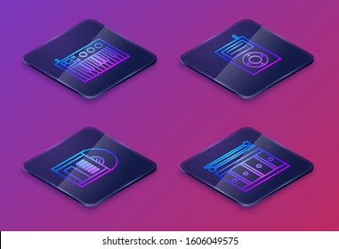Set Isometric line Music synthesizer, Vinyl disk, Music MP3 player and Drum with drum sticks. Blue square button. Vector