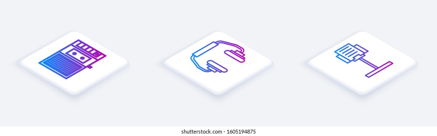 Set Isometric line Music tape player, Headphones and Music stand. White square button. Vector