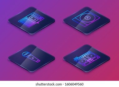 Set Isometric line Music tape player, Microphone, CD or DVD disk and DJ remote for playing and mixing music. Blue square button. Vector