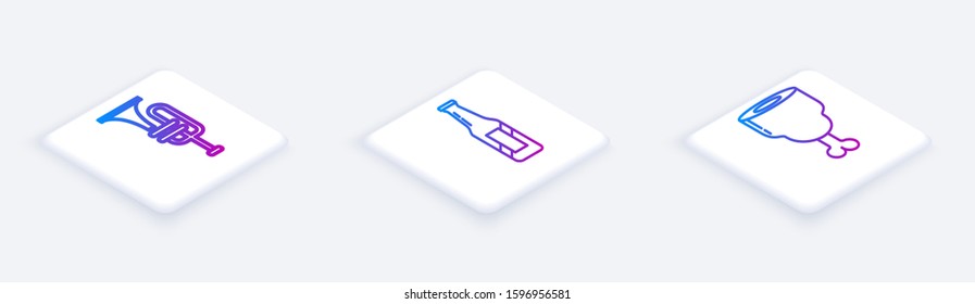 Set Isometric line Musical instrument trumpet, Beer bottle and Chicken leg. White square button. Vector
