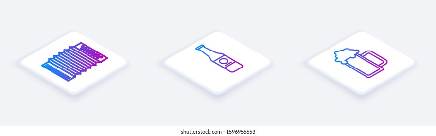 Set Isometric line Musical instrument accordion, Beer bottle and Glass of beer. White square button. Vector