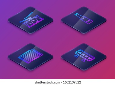 Set Isometric line Musical instrument drum and drum sticks, Musical instrument accordion, Beer bottle and Street signboard with inscription Beer. Blue square button. Vector
