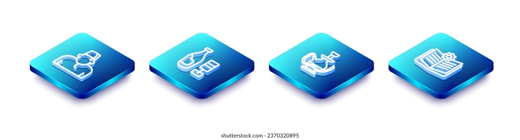 Set Isometric line Muslim man, Wine bottle with glass, Hookah and Holy book of Koran icon. Vector