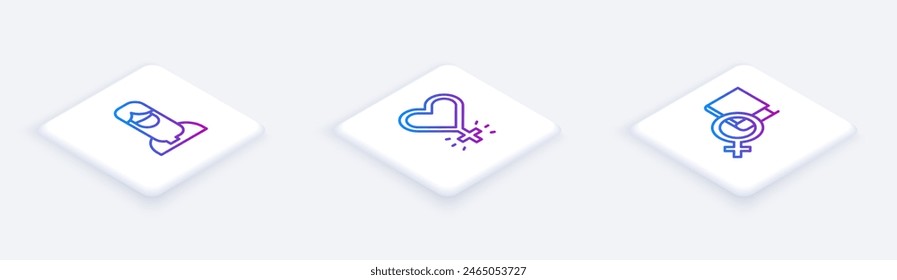 Set Isometric line Muslim woman in hijab, Feminism and Book about women. White square button. Vector