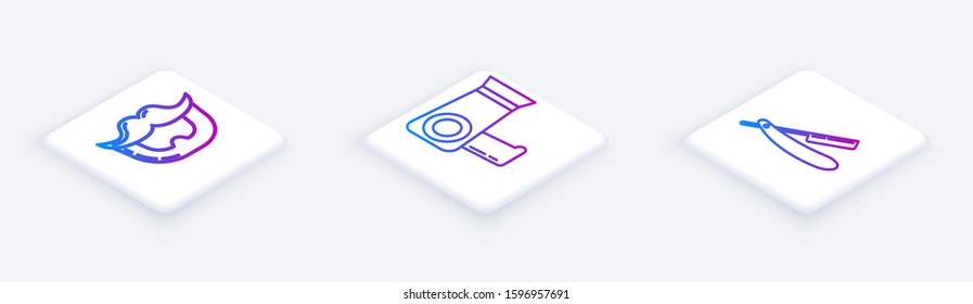 Set Isometric line Mustache and beard, Hair dryer and Straight razor. White square button. Vector