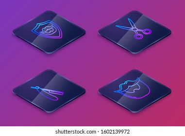 Set Isometric line Mustache and beard on shield, Straight razor, Scissors hairdresser and Mustache and beard. Blue square button. Vector