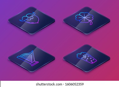 Set Isometric line Mustache and beard, Harp, Four leaf clover and Glass of beer. Blue square button. Vector