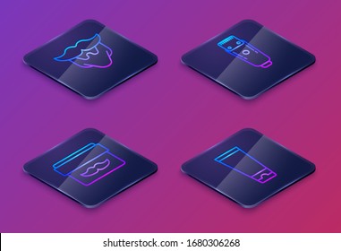 Set Isometric line Mustache and beard, Cream or lotion cosmetic jar, Electrical hair clipper or shaver and Cream or lotion cosmetic tube. Blue square button. Vector