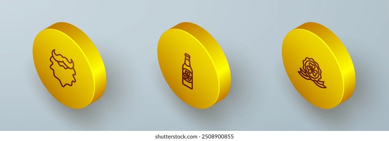 Set Isometric line Mustache and beard, Beer bottle with clover and Medal icon. Vector