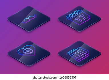 Set Isometric line Mustache, Heart with four leaf clover, Saint Patrick's day with calendar and Wooden beer mug. Blue square button. Vector