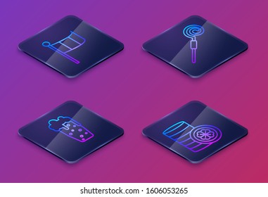 Set Isometric line National Ireland flag, Glass of beer, Walking stick and Gold coin with four leaf clover. Blue square button. Vector