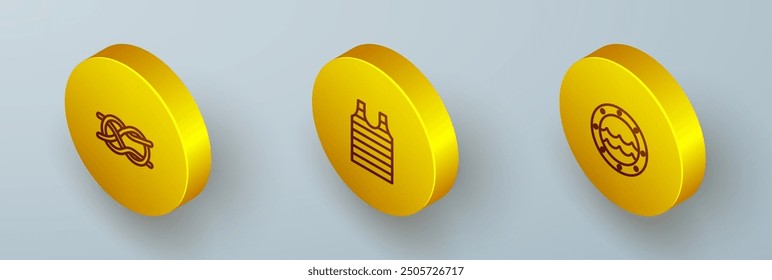 Set Isometric line Nautical rope knots, Striped sailor t-shirt and Ship porthole icon. Vector