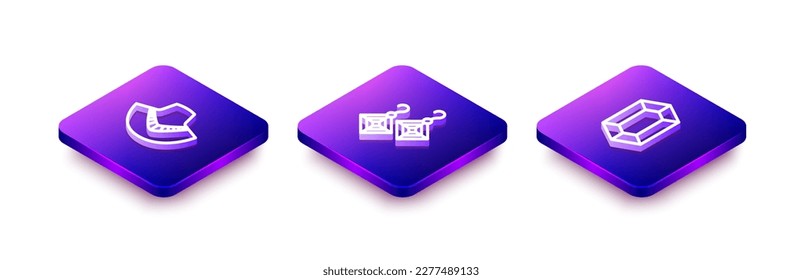 Set Isometric line Necklace on mannequin, Earrings and Gem stone icon. Vector