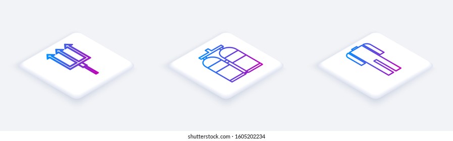 Set Isometric line Neptune Trident, Aqualung and Wetsuit for scuba diving. White square button. Vector