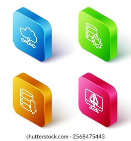 Set Isometric line Network cloud connection, Server and gear, Server, Data, Web Hosting and Monitor with exclamation mark icon. Vector