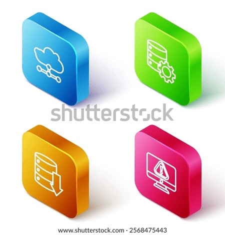 Set Isometric line Network cloud connection, Server and gear, Server, Data, Web Hosting and Monitor with exclamation mark icon. Vector