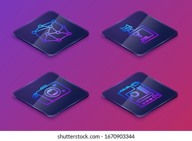 Set Isometric line Neural network, Mirrorless camera, Microscope and Motherboard. Blue square button. Vector